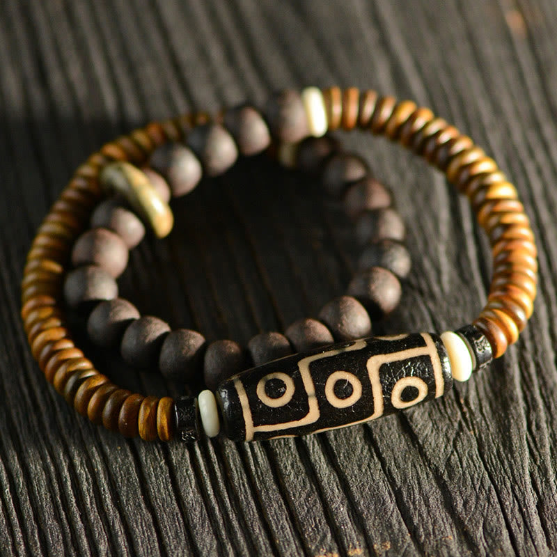 Tibetan Nine-Eye Dzi Bead Green Sandalwood Ebony Wood Peace Double Wrap Bracelet