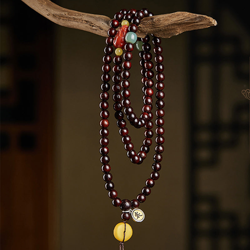 Chinese Zodiac Natal mystic zen 108 Mala Beads Small Leaf Red Sandalwood Red Agate PiXiu Protection Bracelet