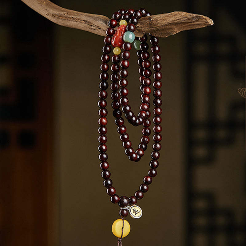 Chinese Zodiac Natal mystic zen 108 Mala Beads Small Leaf Red Sandalwood Red Agate PiXiu Protection Bracelet