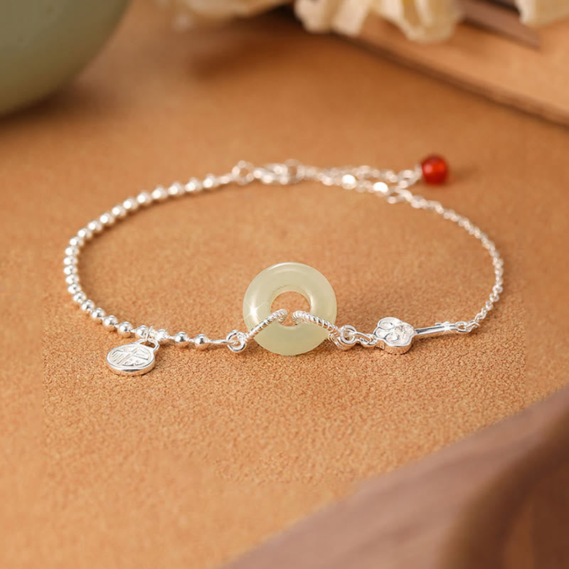 925 Sterling Silver Hetian Jade Peace Buckle Fu Character Luck Chain Bracelet