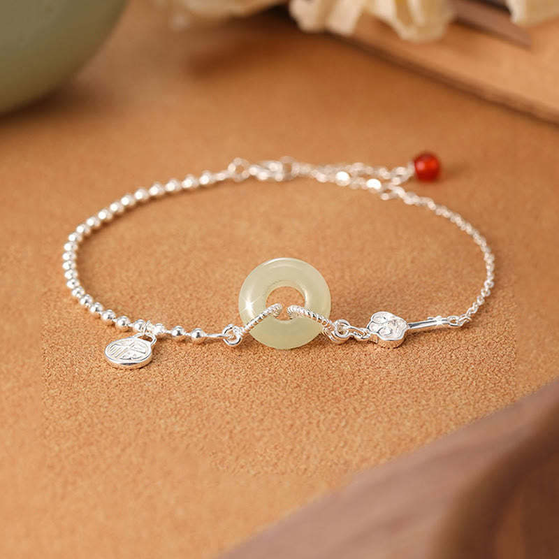 925 Sterling Silver Hetian Jade Peace Buckle Fu Character Luck Chain Bracelet