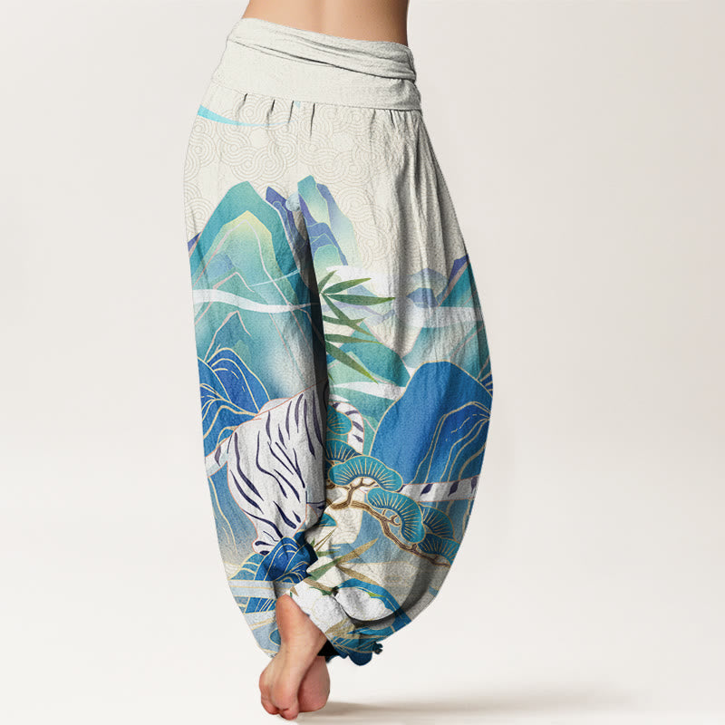Casual White Tiger Mountain Waves Women's Elastic Waist Harem Pants