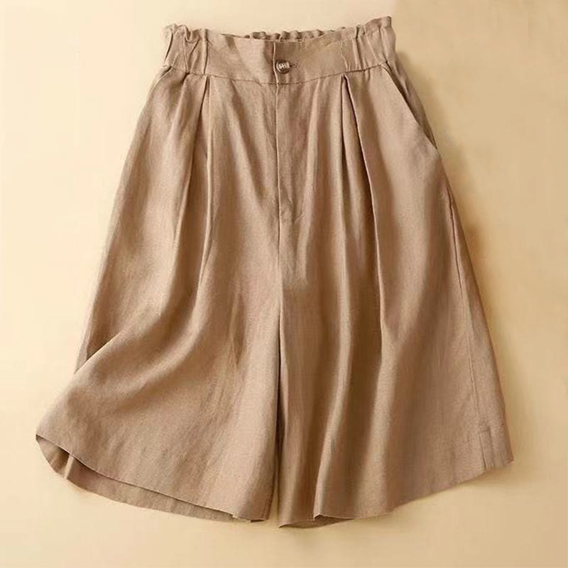 Plain Color Pleated Zipper Button Cotton Linen Women's Shorts With Pockets