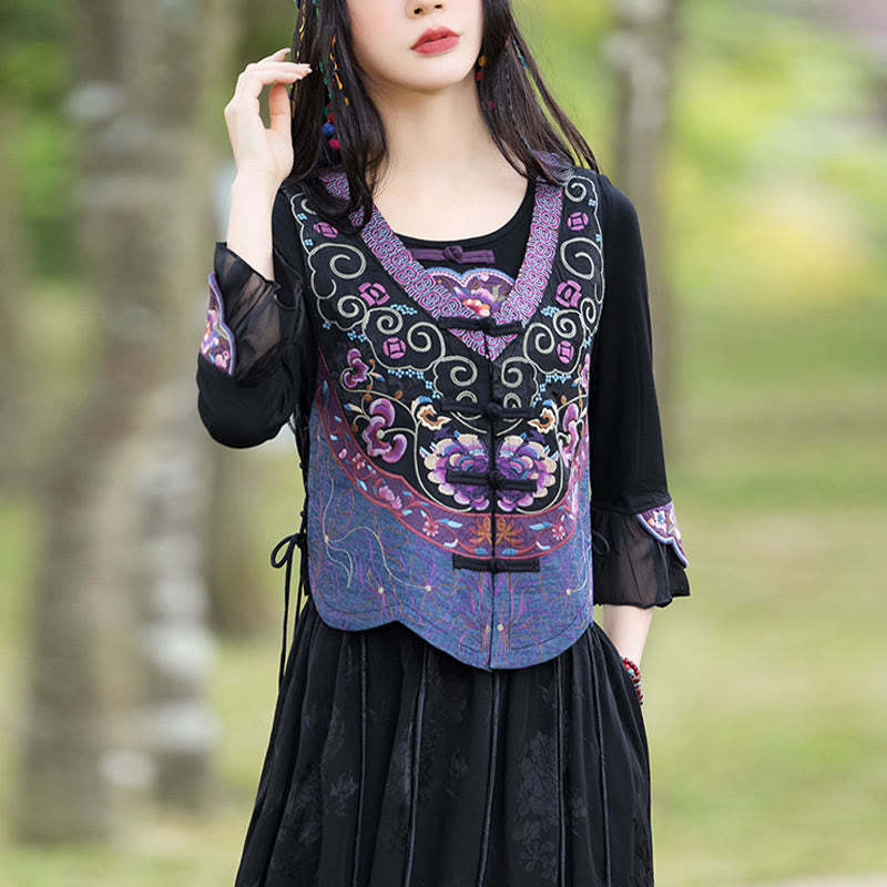 Vintage Frog-Button Embroidery Purple Flower Tang Suit Design Sleeveless Vest