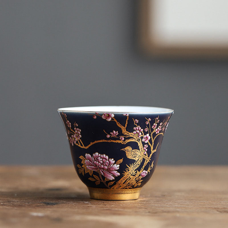 Golden Magpie Peony Flower Ceramic Teacup Kung Fu Tea Cup