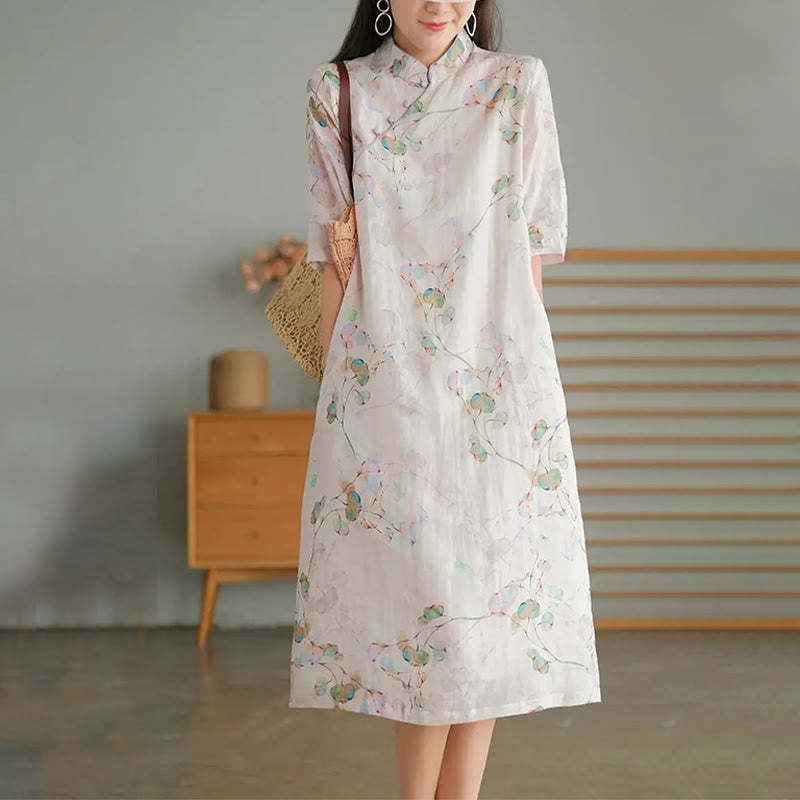 Frog-button Leaves Branches Midi Dress Cotton Linen Short Sleeve Dress With Pockets