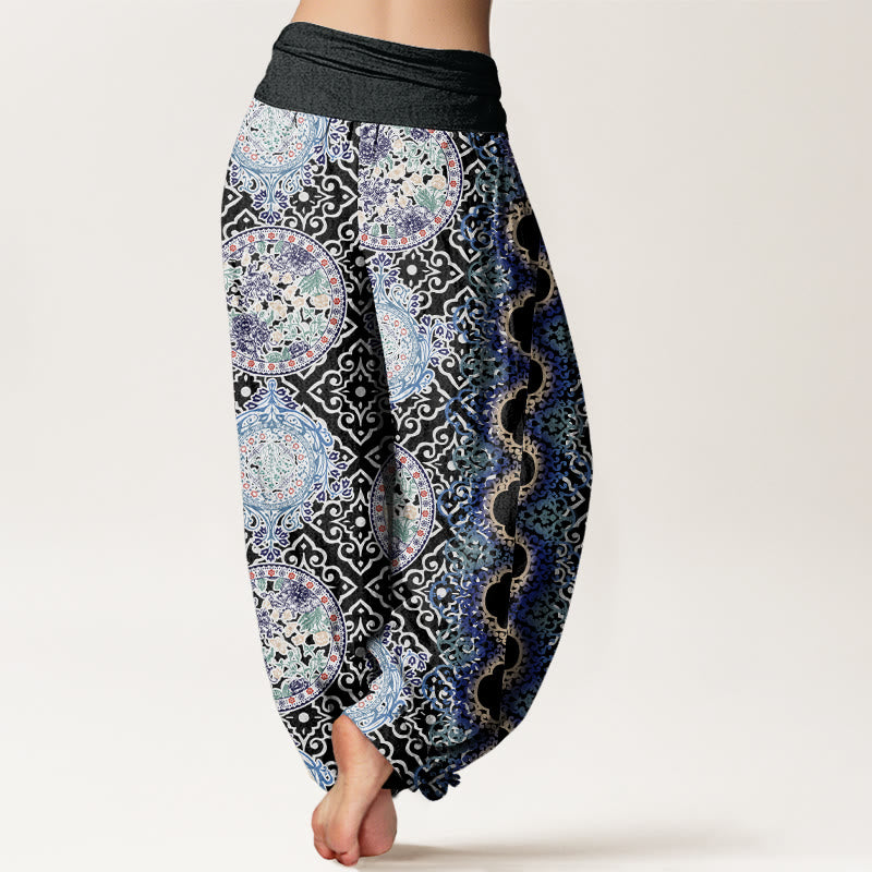 Round Diamond Shape Chinese Floral Design Women's Elastic Waist Harem Pants