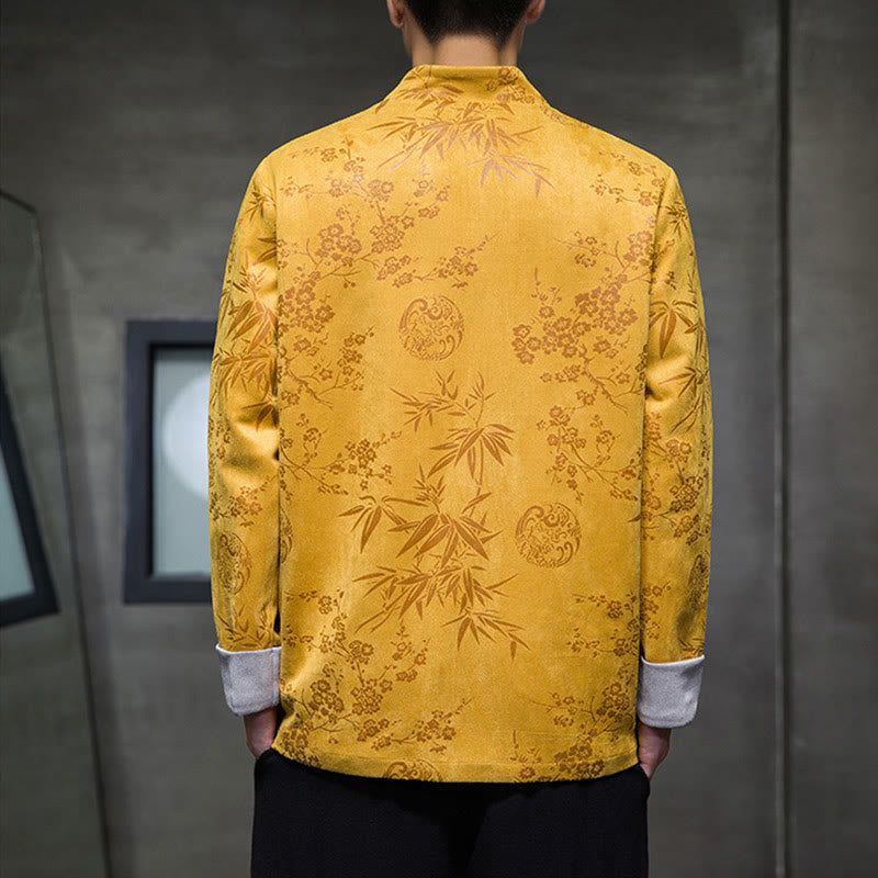 Chinese New Year Clothes Flowers Bamboo Solid Color Cuff Frog-button Tang Suit Cotton Men's Jacket Shirt With Pockets