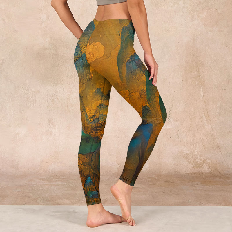 Dark Goldenrod Mountain Print Fitness Leggings Women's Yoga Pants
