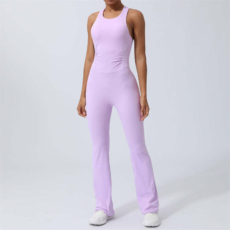 Women Workout Crisscross Sleeveless Flare Jumpsuit Sports Fitness Yoga Bodysuit