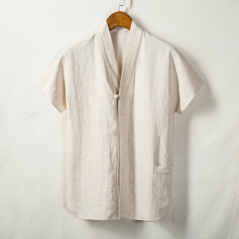 Men's Short Sleeve Shirt With Pocket V Neck Cardigan Comfort Cotton Linen Shirt