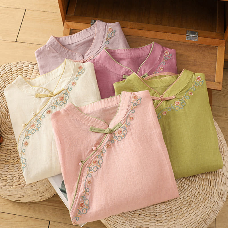 Casual Women's Embroidered Flower Stand Collar Design Three Quarter Sleeve Cotton Linen Shirt