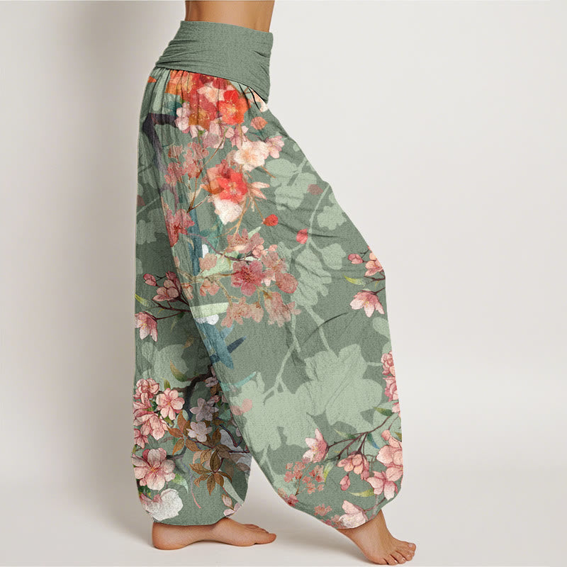 Red Pink Blooming Flowers Lush Branches Women's Elastic Waist Harem Pants