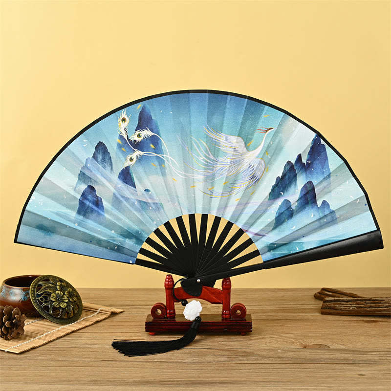 Vintage Phoenix Nine-Tailed Fox Flower Bamboo Tiger Handheld Folding Fan Lotus Tassel Fan