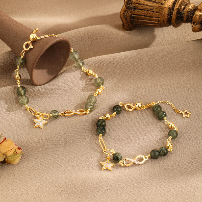 14K Gold Green Rutilated Quartz M?bius Loop Eternal Love Star Protection Bracelet