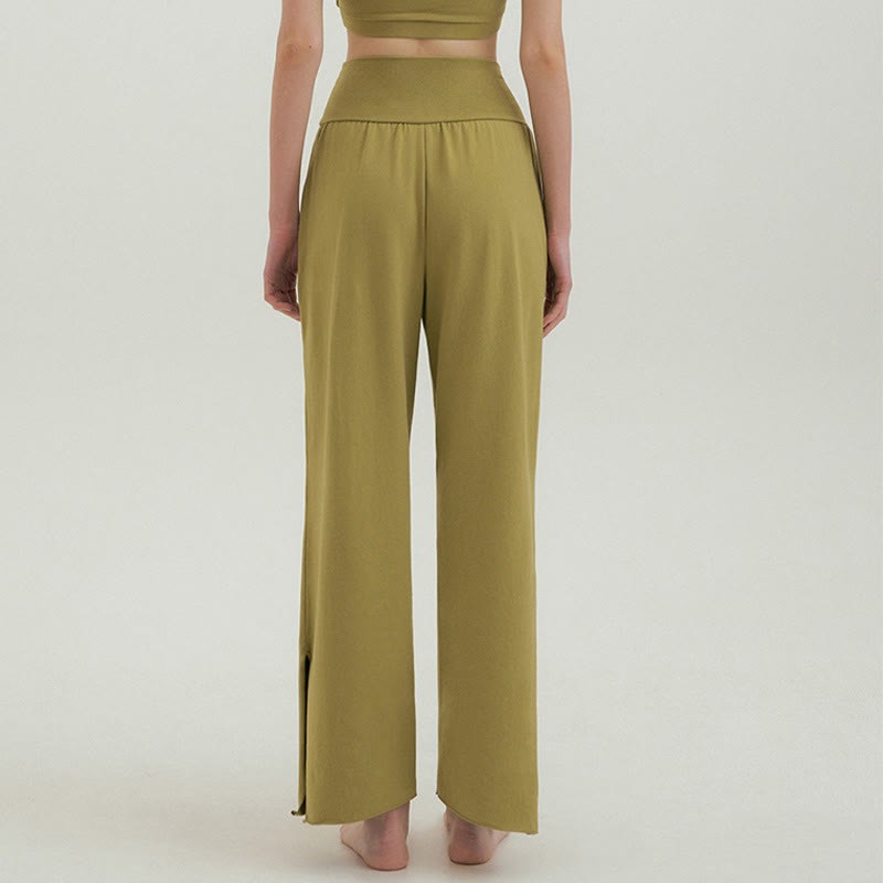 Casual Loose Tie-down Hem Plain High Waist Women's Leica Pants With Pockets