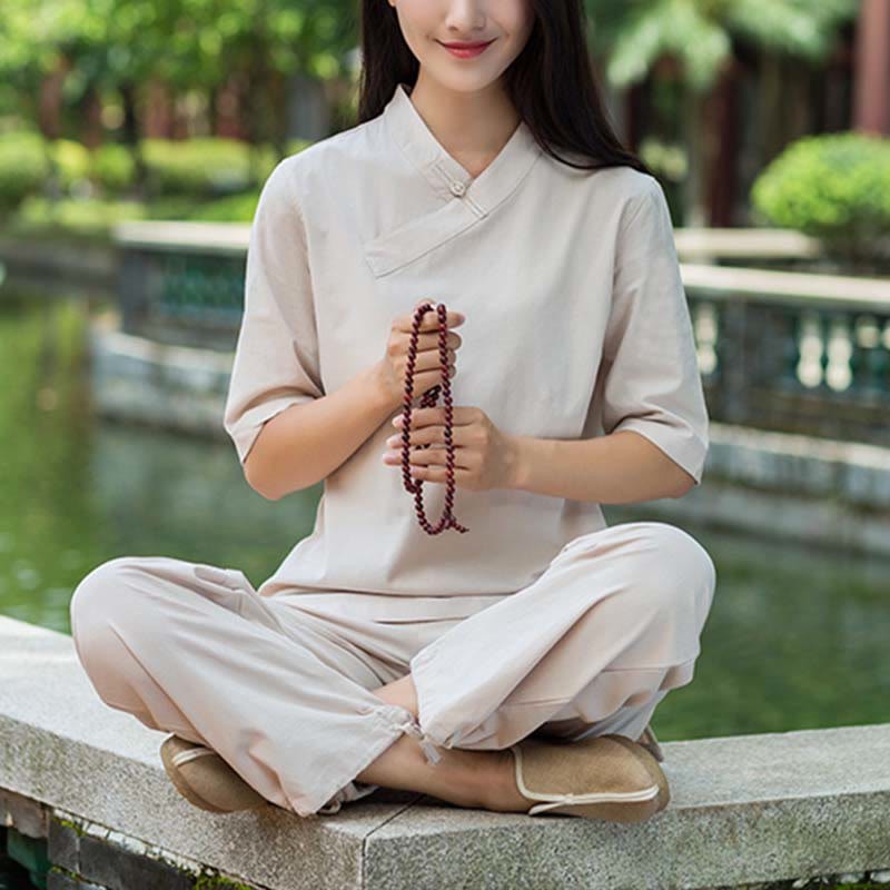 2Pcs Half Sleeve V-Neck Shirt Top Pants Meditation Zen Tai Chi Linen Clothing Women's Set