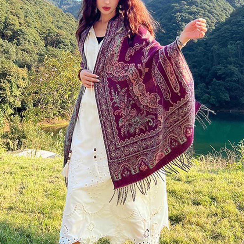 Vintage Tibetan Leaves Pattern Design Shawl Cozy Travel Scarf Wrap