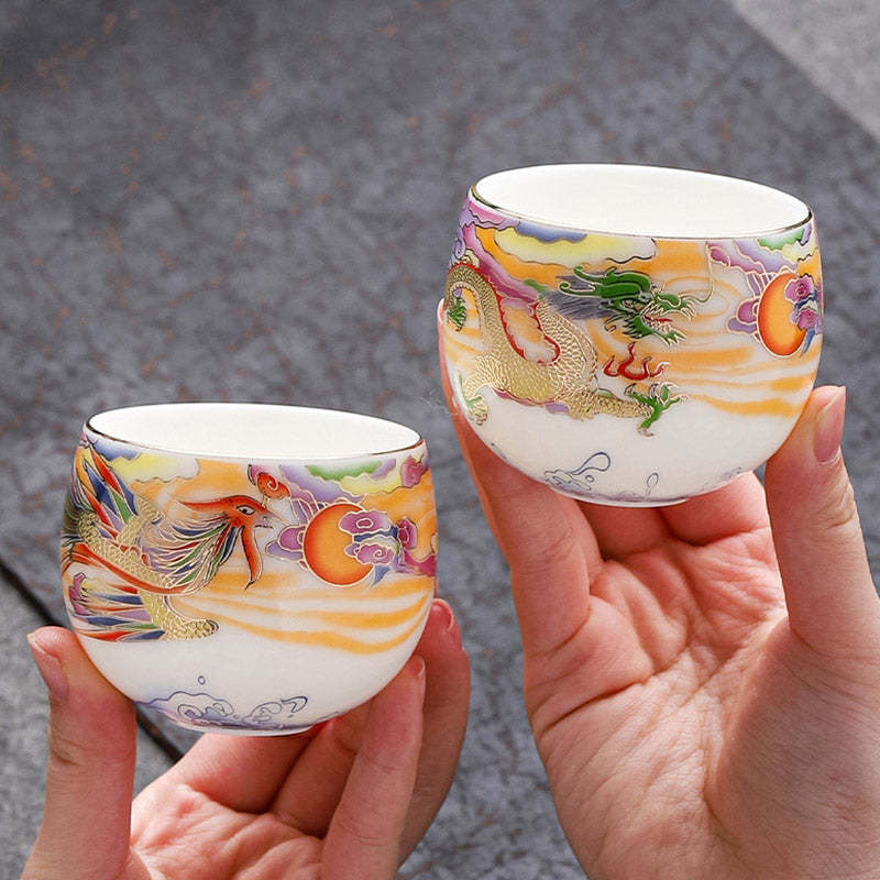 Dragon Phoenix Auspicious Clouds Sun Ocean Waves Ceramic Teacup Kung Fu Tea Cup