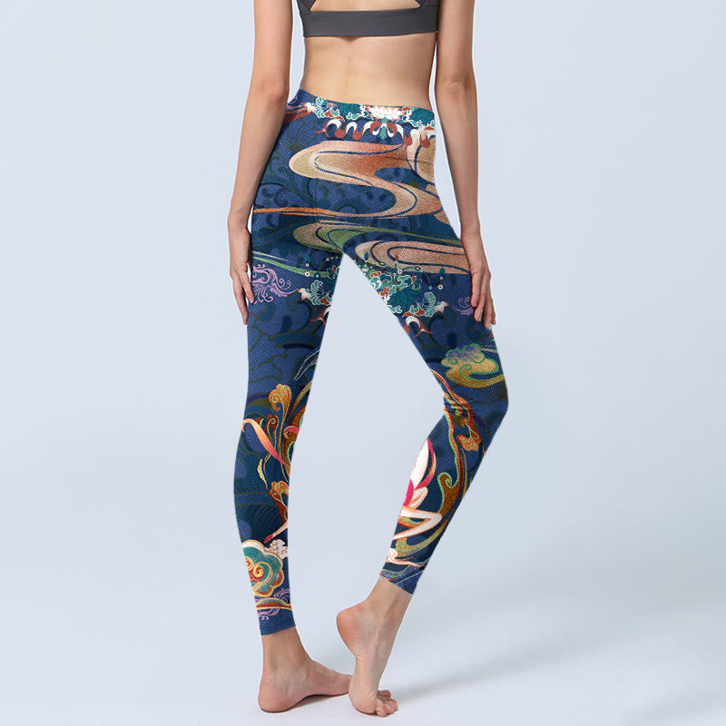 Deer Auspicious Clouds Lotus Gym Leggings Women's Yoga Pants