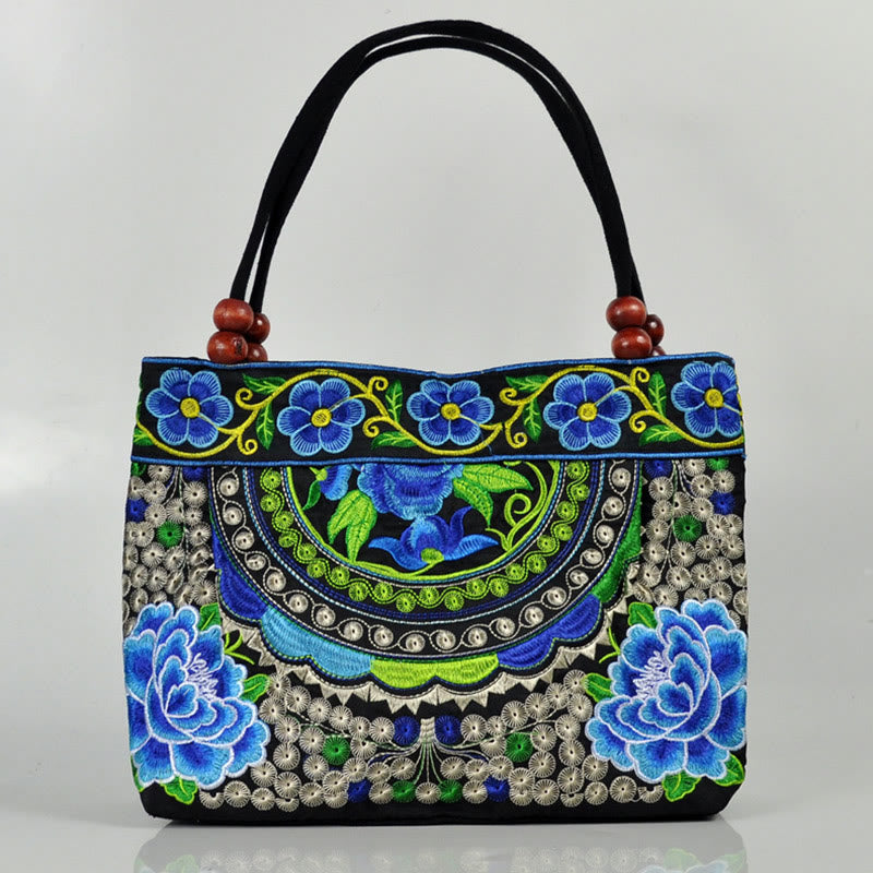 Money Tree Peony Phoenix Apple Blossom Double-Sided Embroidery Cotton Canvas Shopping Purse Handbag
