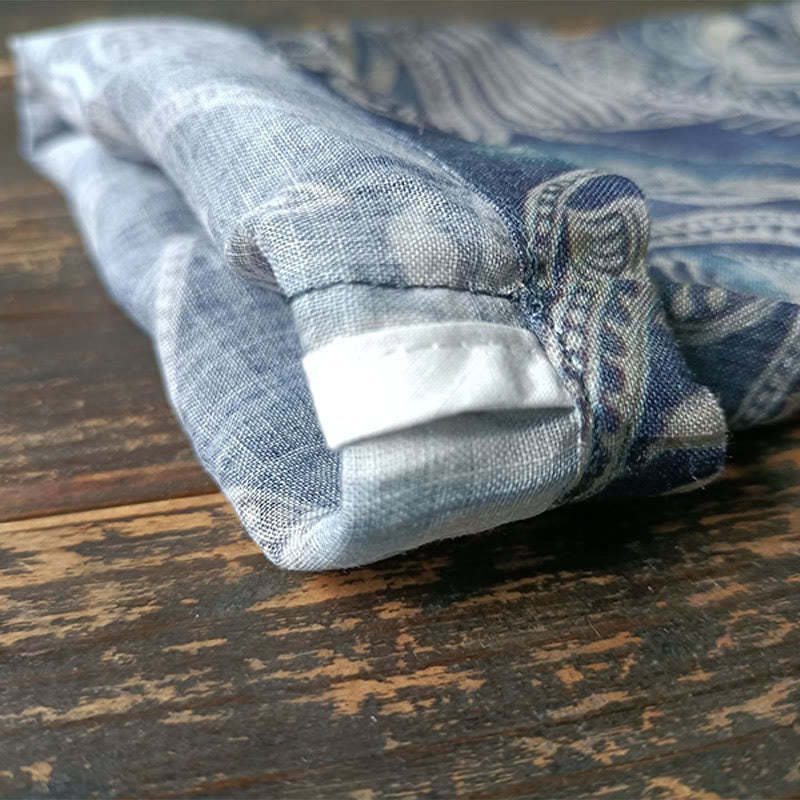 Birds Flowers Geometry Frog-Button Long Sleeve Ramie Linen Jacket Shirt