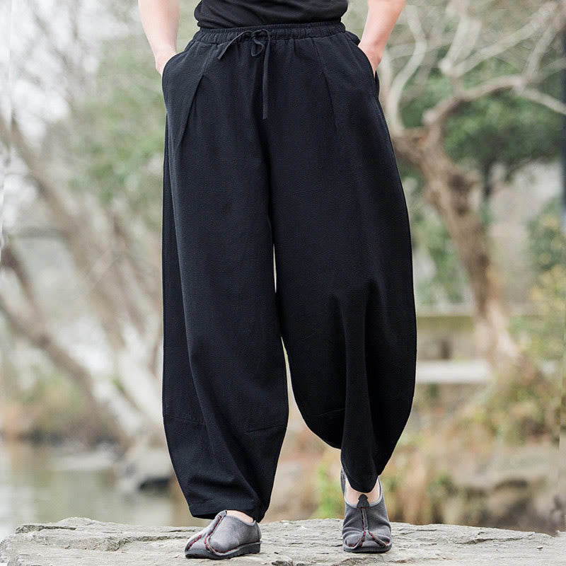 Plain Casual Linen Bloomer Men's Pants With Pockets