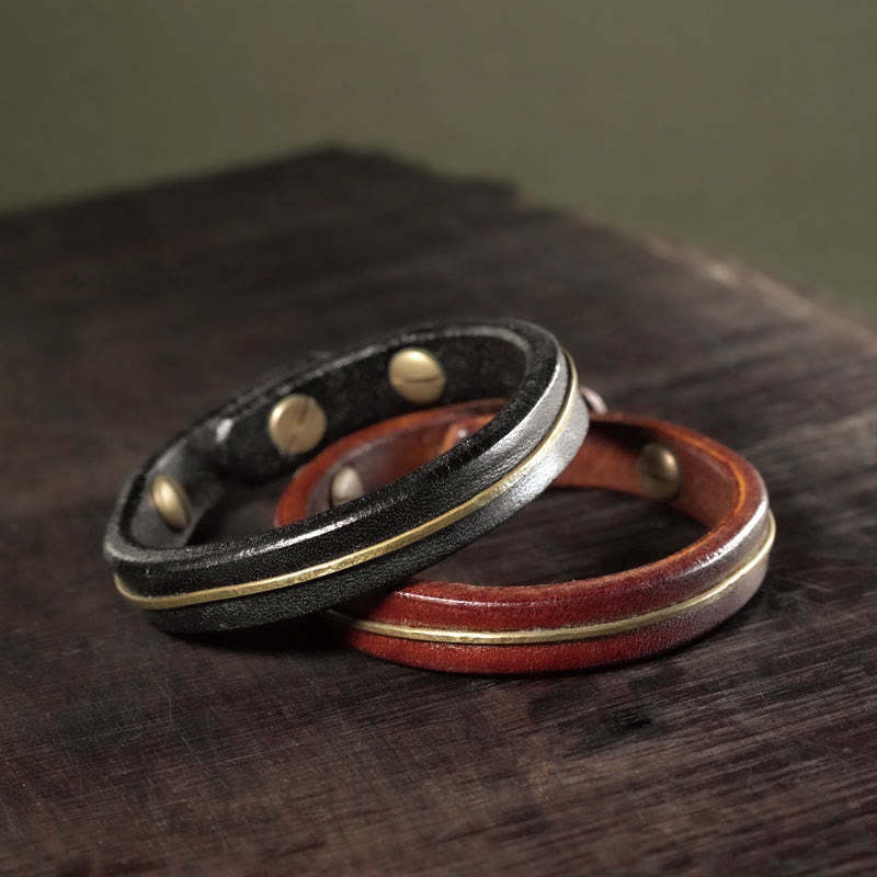 Vintage Leather Copper Brass Wire Healing Bangle Bracelet