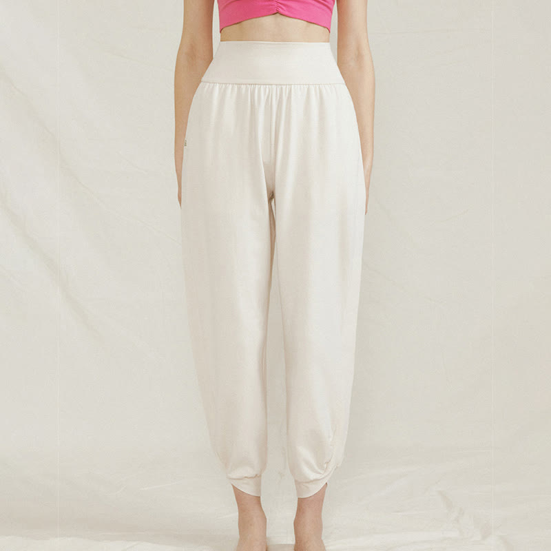 Casual Plain High Waist Side Fold Quick Drying Women's Cotton Pants With Pockets