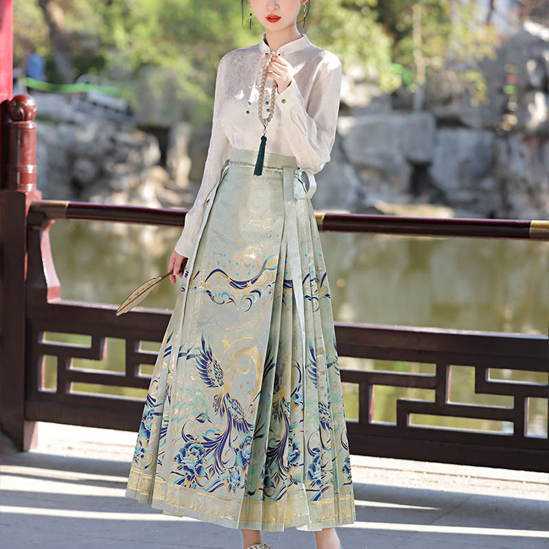 Green Phoenix Printed Chinese Hanfu Horse Face Skirt Mamianqun