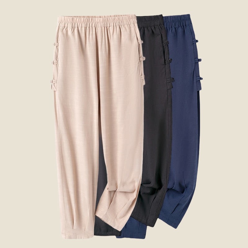 Casual Frog-button Plain Women's Cotton Linen Pants With Pockets