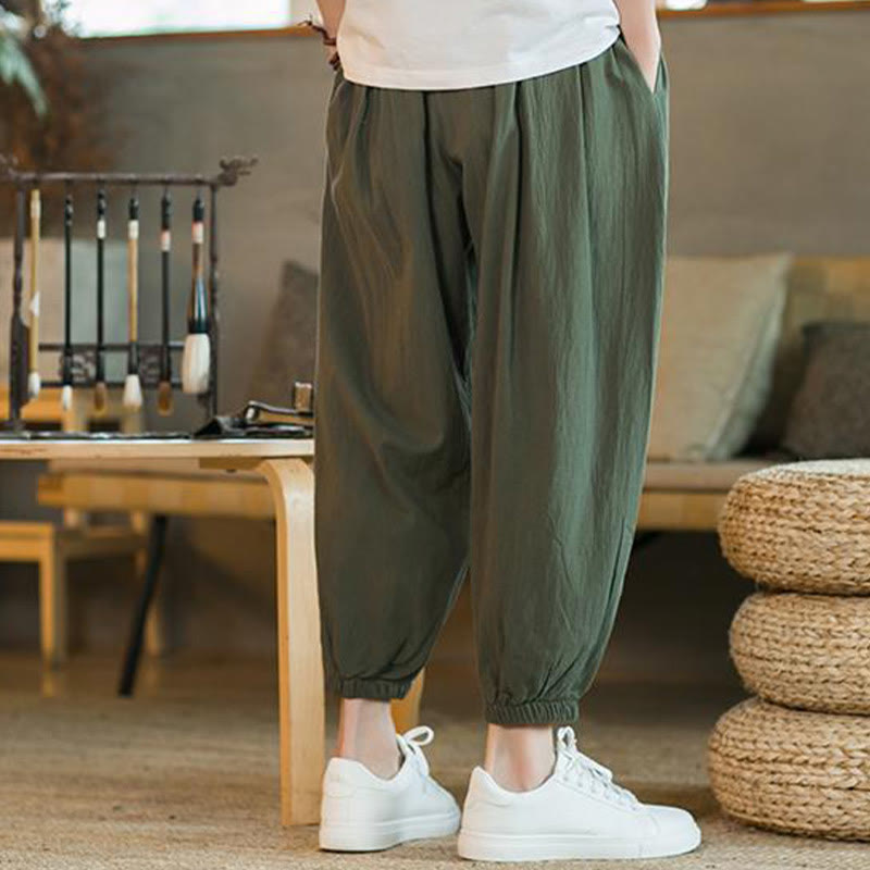 Plain Color Red Drawstring Linen Men's  Pants With Pockets