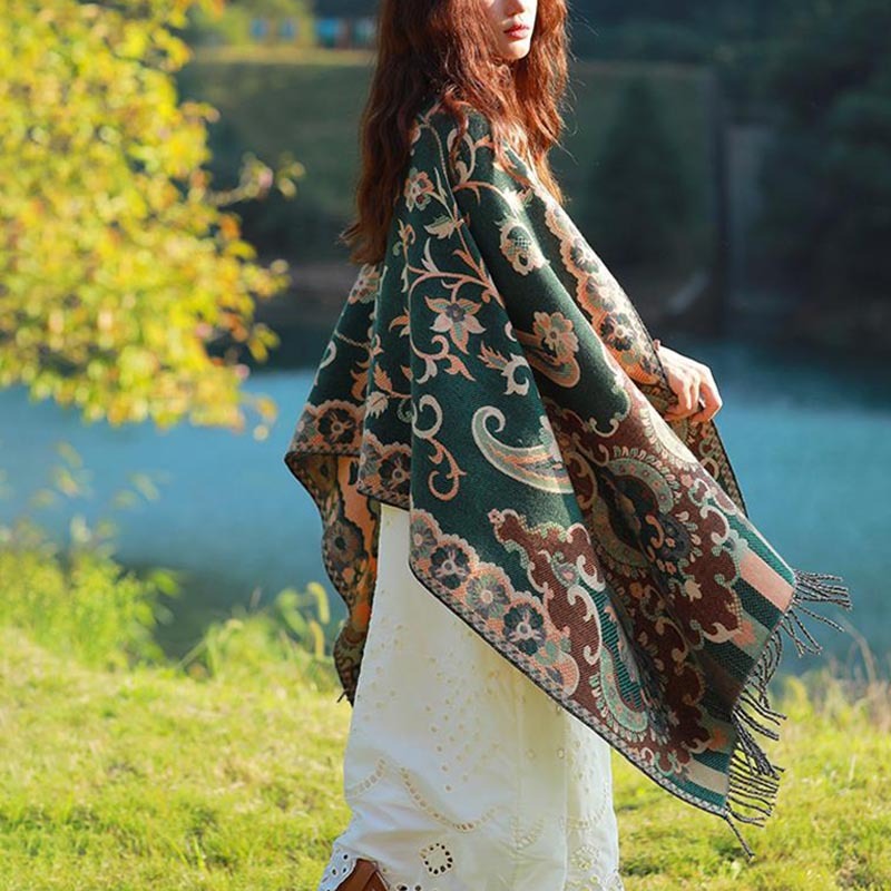 Tibetan Flowers Leaves Branch Design Tassel Shawl Cozy Travel Scarf Wrap