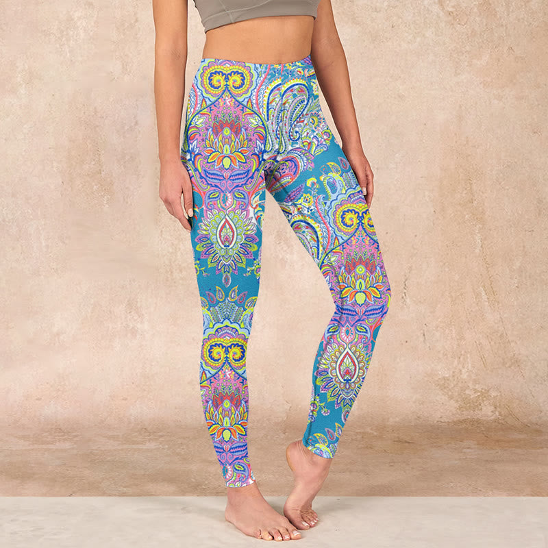 Blue Pink Green Flower Print Gym Fitness Leggings Women's Yoga Pants
