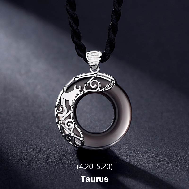 12 Constellations of the Zodiac Ice Obsidian Blessing Round Pendant Necklace