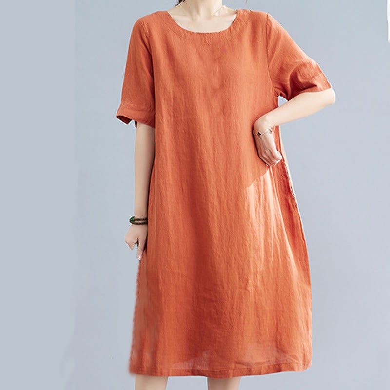 Casual Loose Solid Color Cotton Linen Crew Neck Half Sleeve Design Midi Dress With Pockets