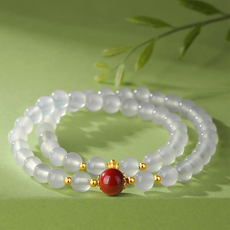 925 Sterling Silver Natural White Agate Cinnabar Double Wrap Protection Bracelet