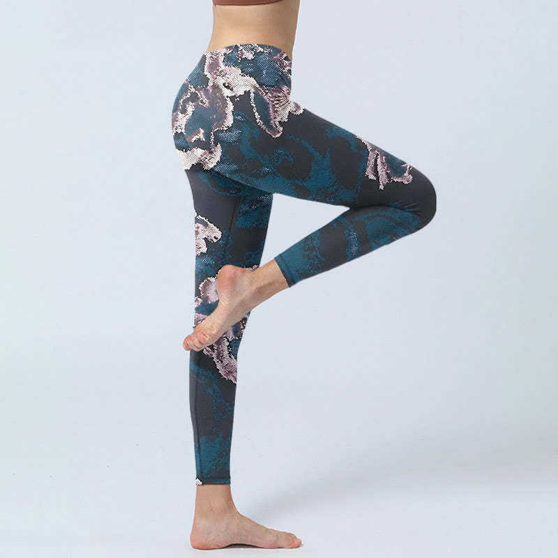 SteelBlue Silver Flowers Print Exercise Leggings Women's Yoga Pants