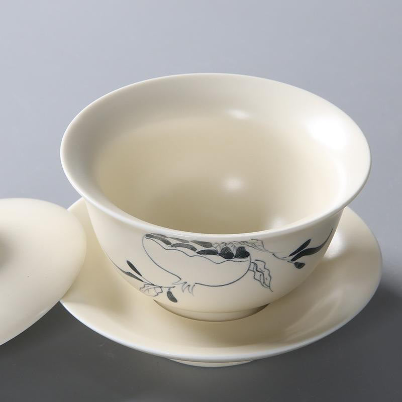 Hand Painted Pomegranate Hibiscus Pine Lotus Ceramic Gaiwan Sancai Teacup Kung Fu Tea Cup And Saucer With Lid