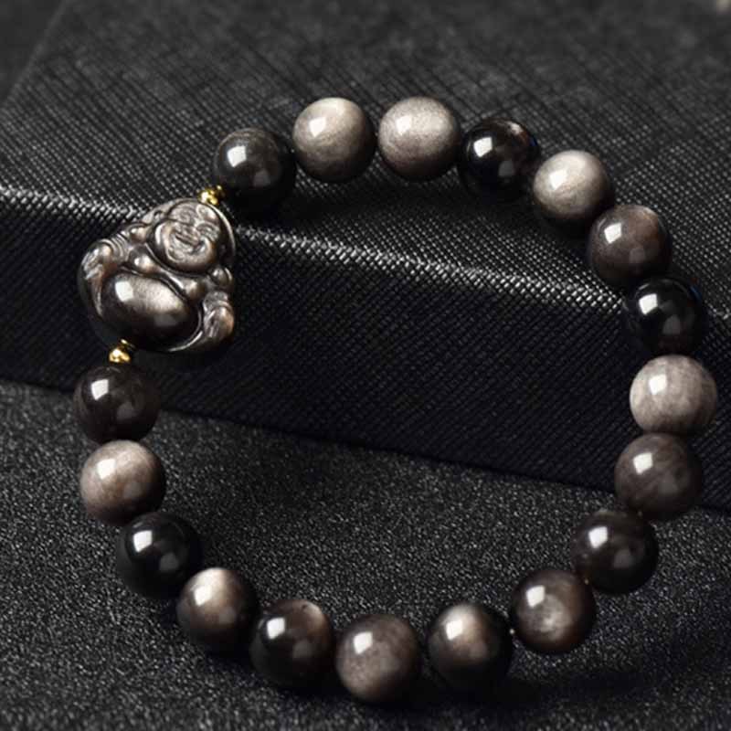 Silver Sheen Obsidian Lotus Flower Nine Tailed Fox Laughing mystic zen Protection Bracelet