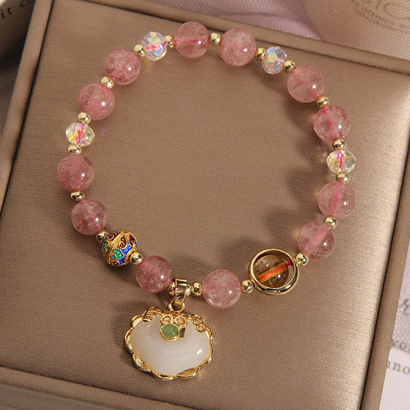 Strawberry Quartz Green Crystal Amethyst Healing Chinese Lock Charm Bracelet
