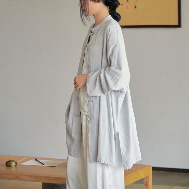 Plain Frog-Button Design Shirt Zen Tai Chi Meditation Top Clothing Cotton Linen Jacket