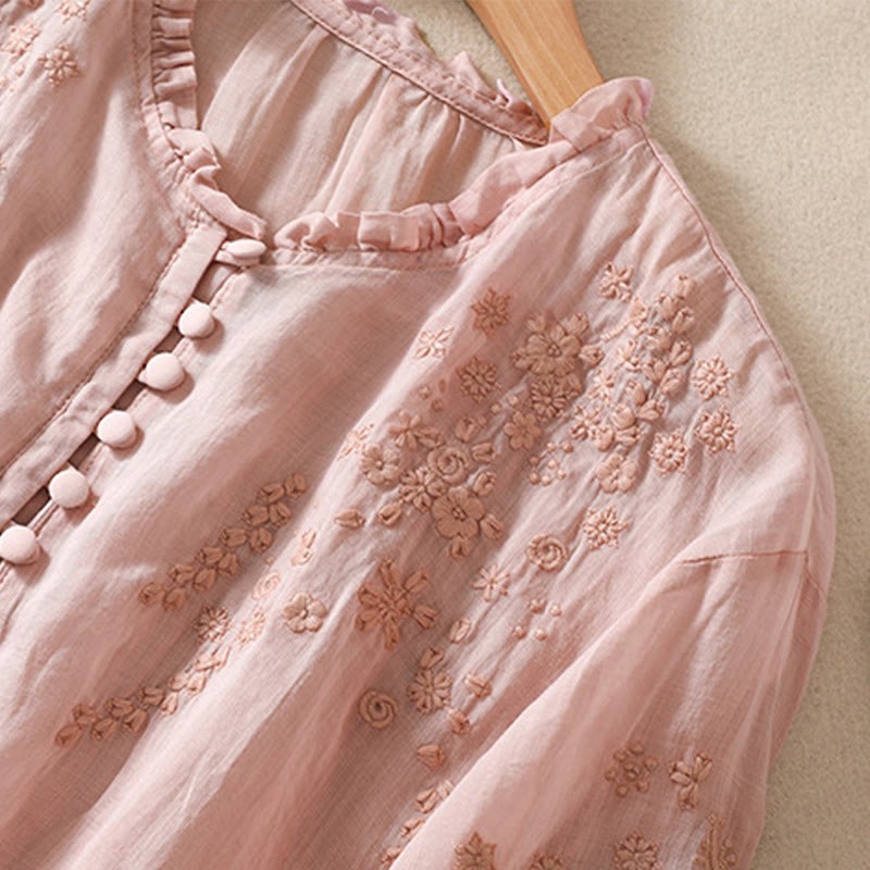 Casual Plain Button Floral Embroidered Design Puff Half Sleeve Cotton Linen Women's Shirt