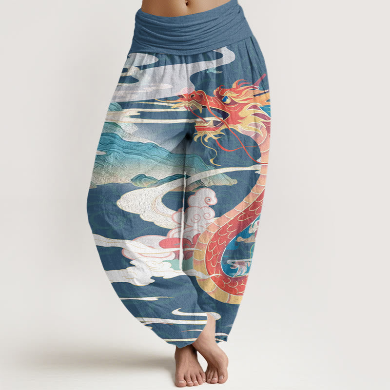 Dragons Auspicious Clouds?pattern Women's Elastic Waist Harem Pants