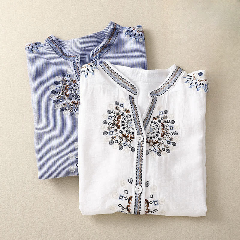 Casual Women's Bohemia Embroidery Flowers V-Neck Design Half Sleeve Cotton Linen Shirt