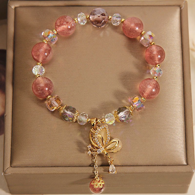 Natural Strawberry Quartz Healing Positive Butterfly Charm Bracelet