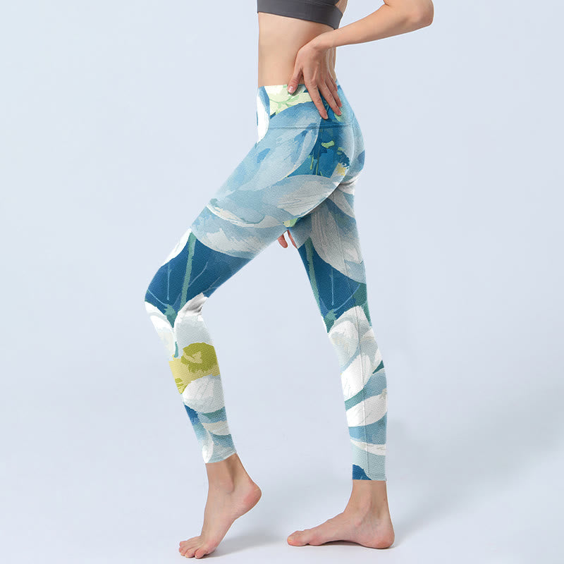 Blue White Lotus Print Gym Leggings Women's Yoga Pants