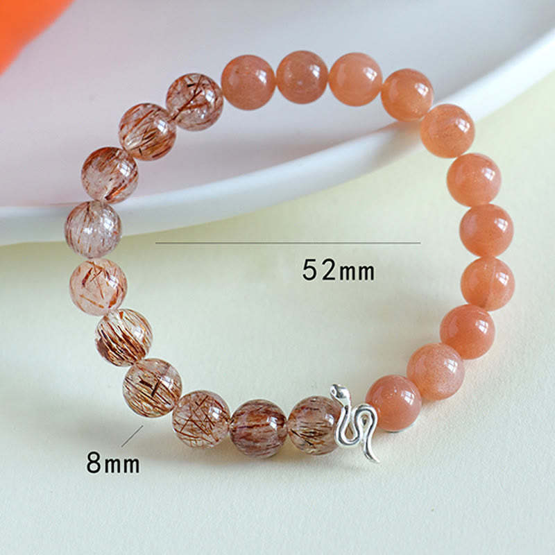 Natural Sun Stone Super Seven Crystal Silver Sheen Obsidian Rutilated Quartz 925 Sterling Silver Year Of The Snake Positive Bracelet
