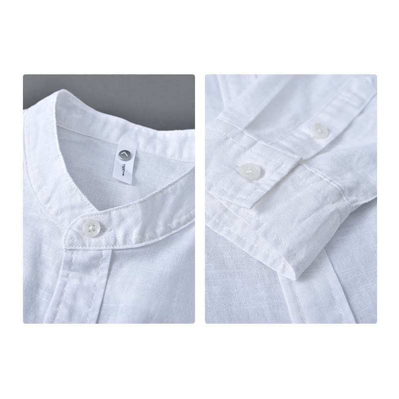 Men's Long Sleeve Stand Collar With Pocket Pure Color Casual Cotton Linen Shirt