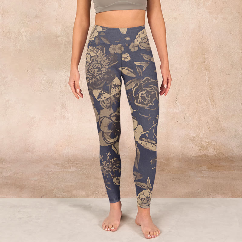 Peony Flowers Leaves Blossom Print Gym Fitness Leggings Women's Yoga Pants